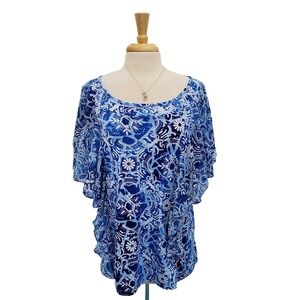 Notations Woman Blue Flutter Sleeve Blouse Rhinestone Paisley Stretch Plus 1X